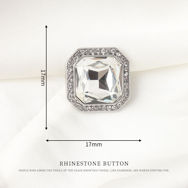 17mm square rhinestone shank button with clear crystal center and silver-tone border