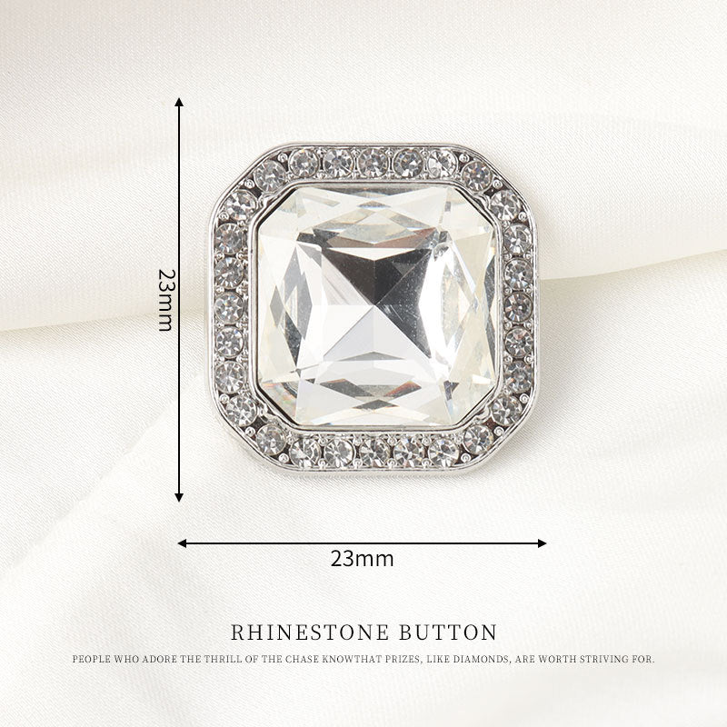 23mm square rhinestone shank button with clear crystal center and silver-tone border