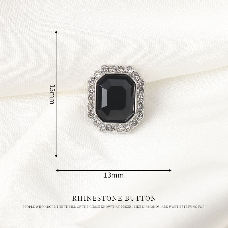 13mm square rhinestone shank button with black crystal center and silver-tone border