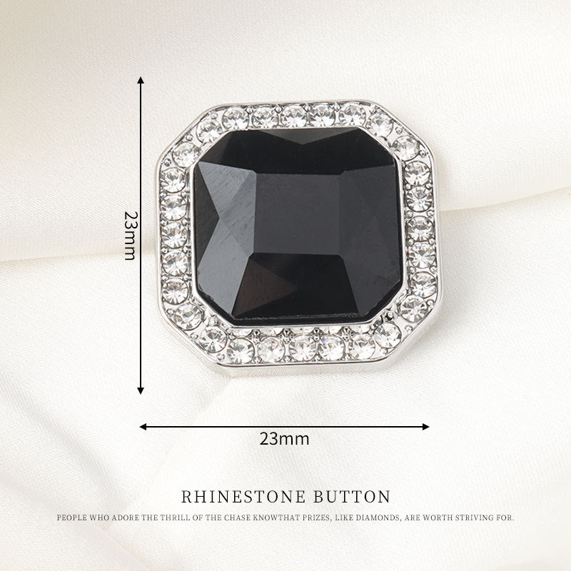 23mm square rhinestone shank button with black crystal center and silver-tone border