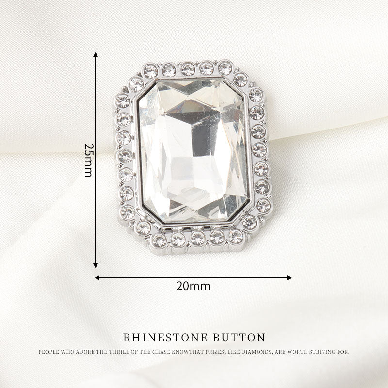 20mm square rhinestone shank button with clear crystal center and silver-tone border