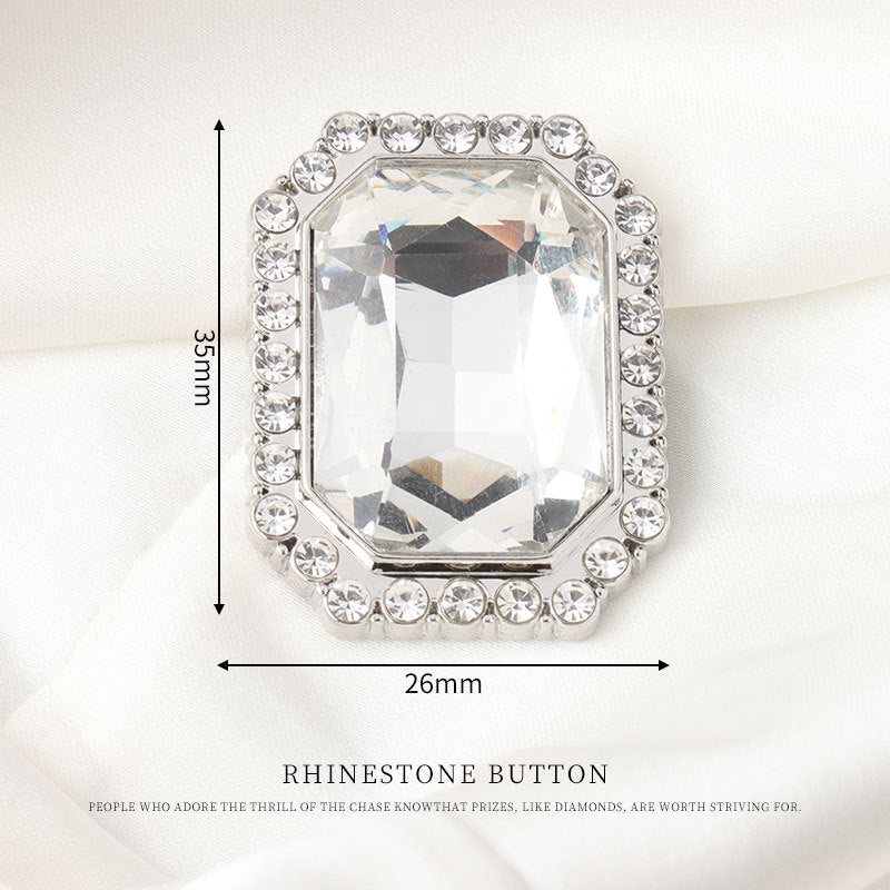 26mm square rhinestone shank button with clear crystal center and silver-tone border