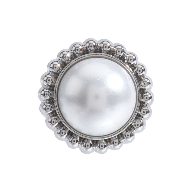 Round silver metal pearl shank button with faceted bead border, shiny light center