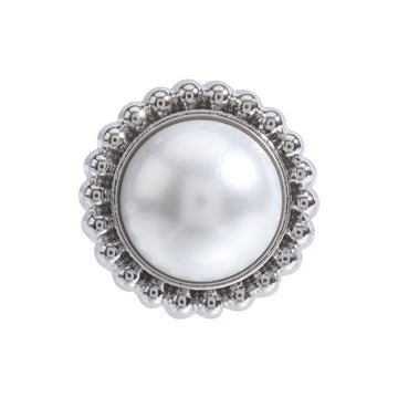 Round silver metal pearl shank button with faceted bead border, shiny light center