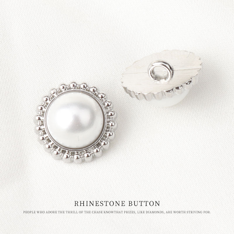 Silver round shank button, front pearl center and visible back with loop shank