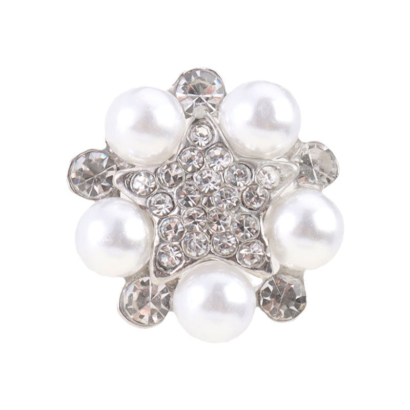 5-point star pearl rhinestone metal button, silver tone, glossy white pearl details