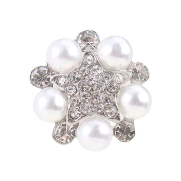 5-point star pearl rhinestone metal button, silver tone, glossy white pearl details