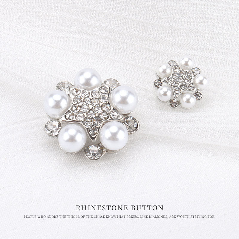 Rhinestone pearl star buttons, silver tone, round pearl accents, pair view