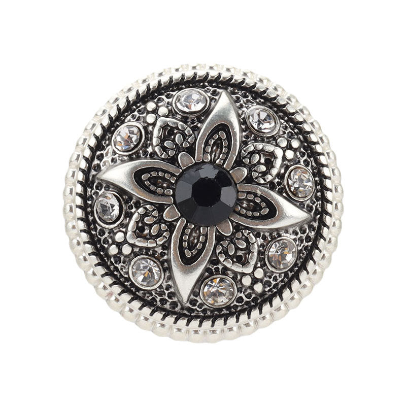 Vintage silver metal shank button: black floral rhinestone pattern, 21mm