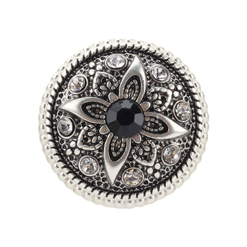 Vintage silver metal shank button: black floral rhinestone pattern, 21mm