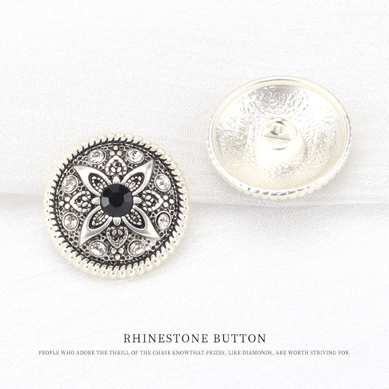 Vintage silver metal shank button, back view; black floral rhinestone design, 21mm