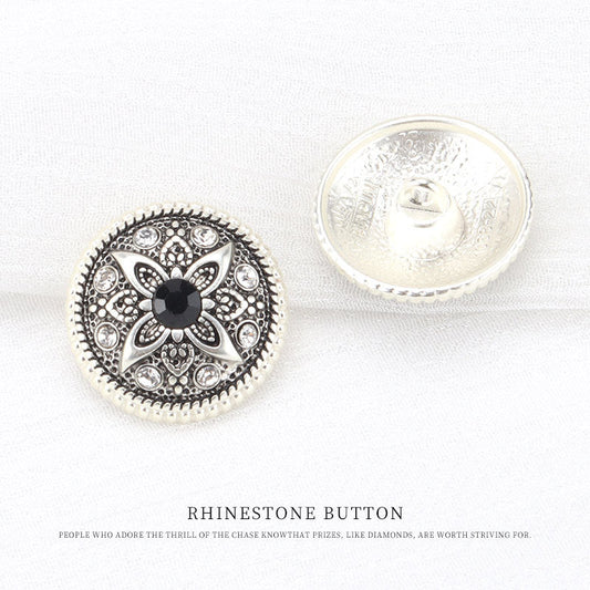 21mm Vintage Silver Metal Shank Buttons with Black Floral Rhinestone Pattern 5pcs