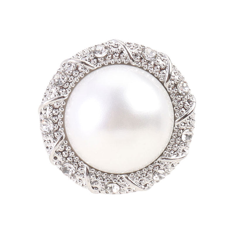 15mm round rhinestone pearl shank button, silver-toned, ornate faceted edge