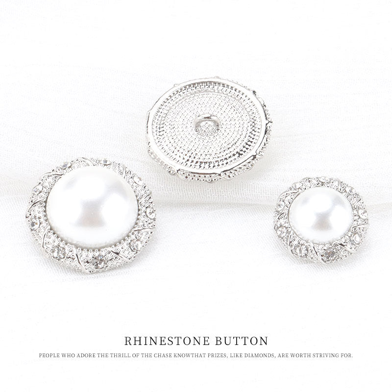 Rhinestone pearl shank buttons, round silver: two fronts and one back plate