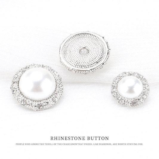 15mm Round Edged Rhinestone Silver Pearl Metal Shank Button 6pcs