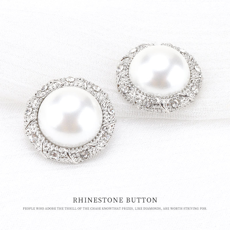 Rhinestone pearl shank buttons, round silver with raised faceted border