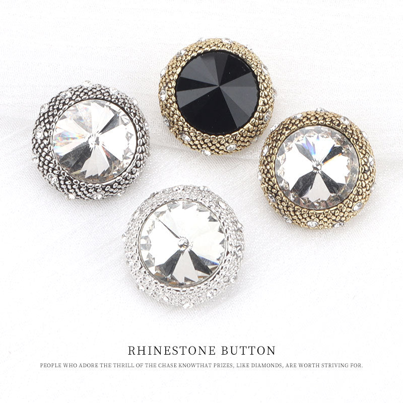 Set of round rhinestone buttons with silver and gold frames; clear and black centers
