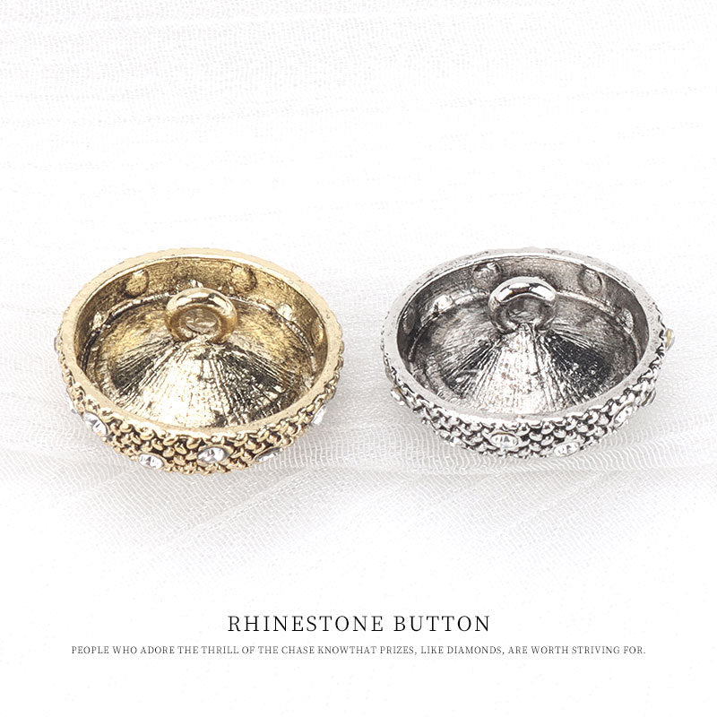 Back view of round rhinestone buttons with metal shanks, gold and silver finishes