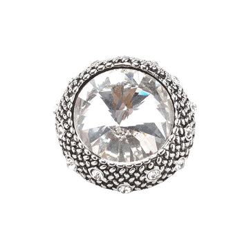 Silver round rhinestone button with large clear faceted center and textured bead rim