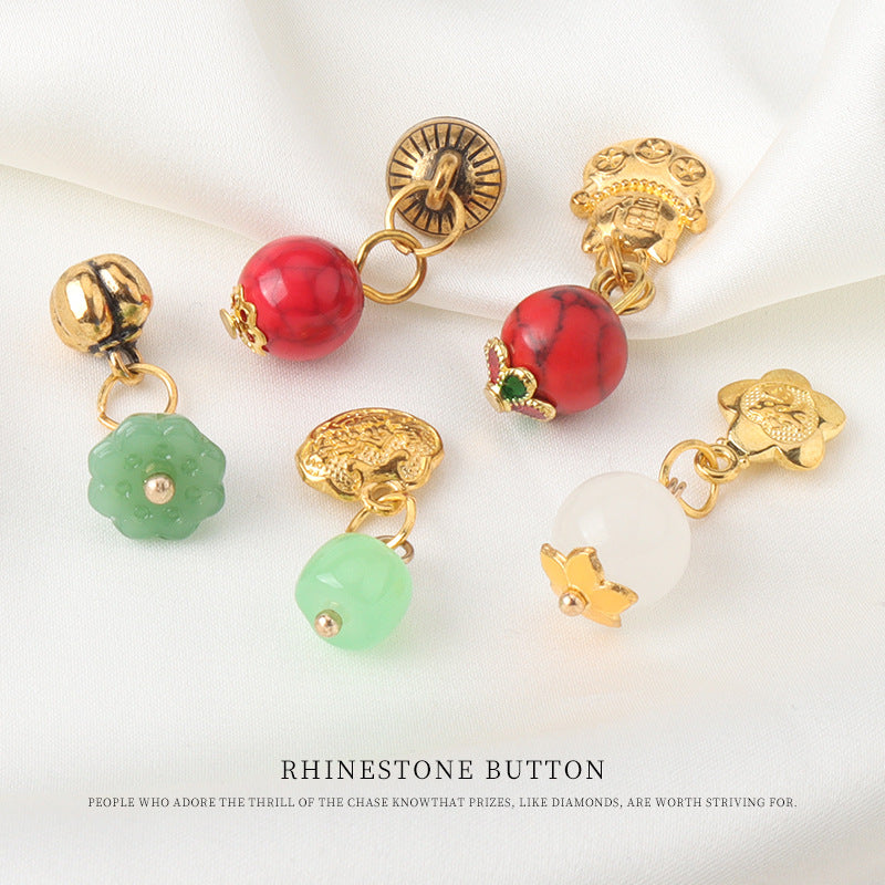 Assorted frog knot pendant buttons: red, green, white and gold-tone round beads