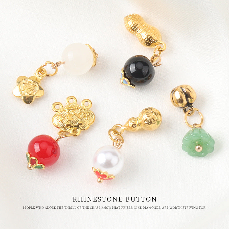 Frog knot pendant buttons with mixed beads: white, black, red, and green tones
