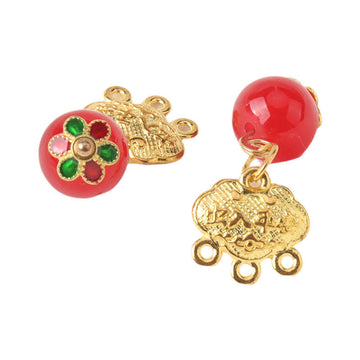 Frog knot pendant button, red round cabochon with multicolor floral inlay