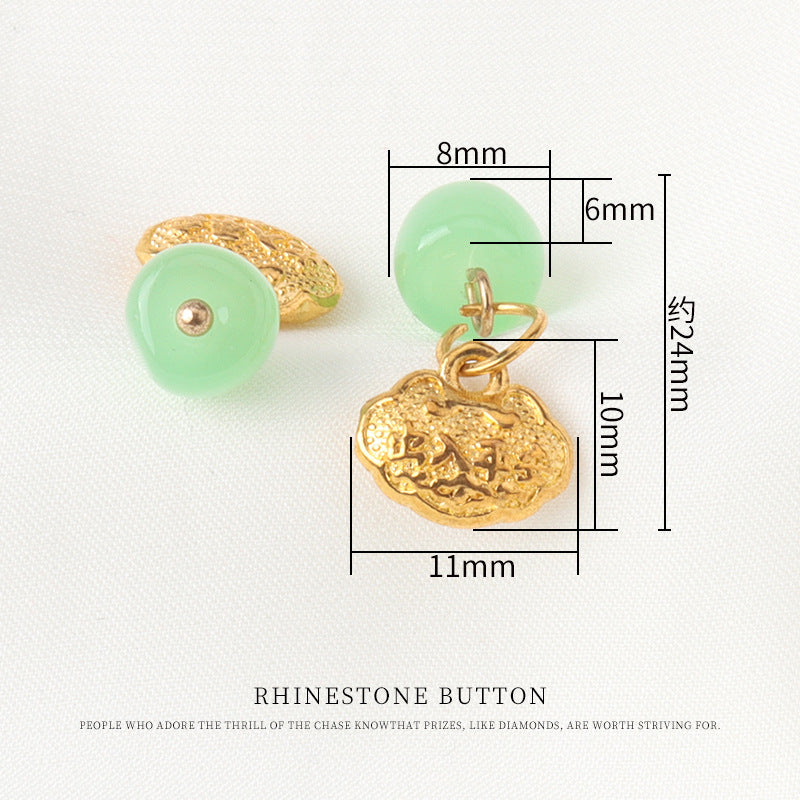 Green frog knot pendant button with gold base, approx 24mm length