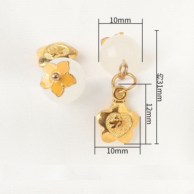 Frog knot pendant button with white bead and yellow flower, approx 31mm length