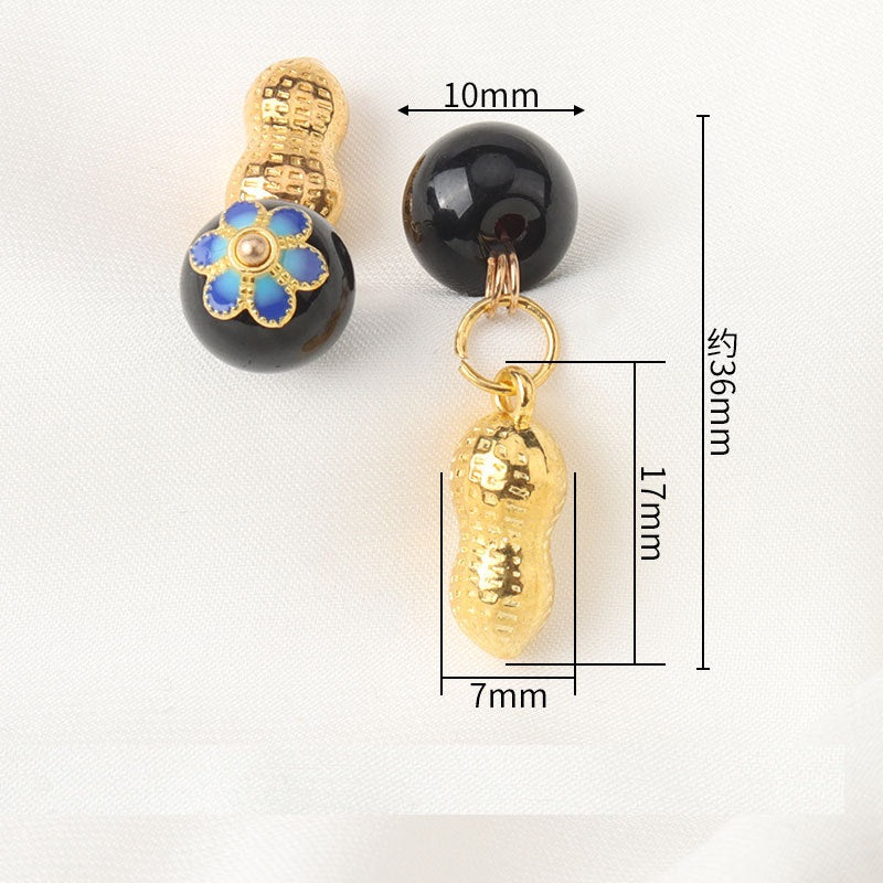 Black bead frog knot pendant button with blue floral cabochon, approx 36mm