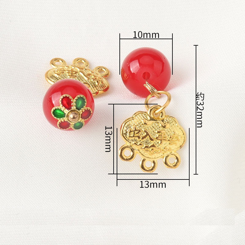 Red frog knot pendant button with gold frog base, approx 32mm total length