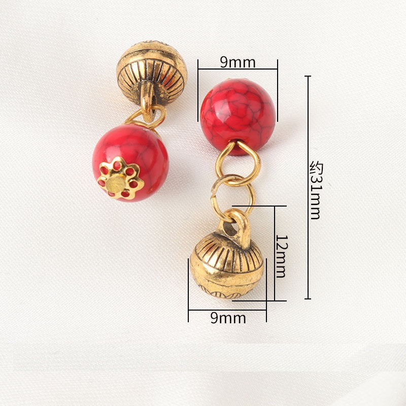 Red double-drop frog knot pendant button with gold caps, approx 33mm length