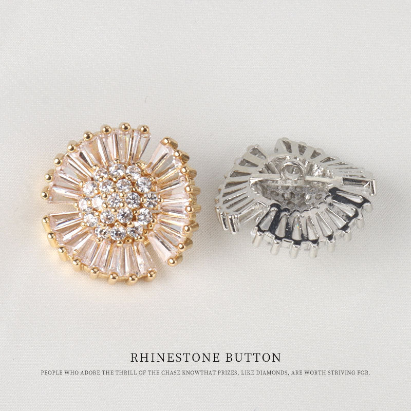 Gold-tone 19mm rhinestone button front with crystal rays; silver-tone back detail