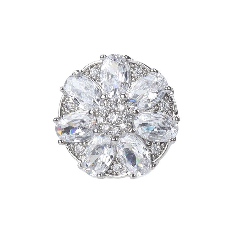 Silver-toned 17mm flower metal button with clear zircon stones, 7-leaf petal design