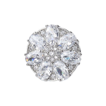 Silver-toned 17mm flower metal button with clear zircon stones, 7-leaf petal design