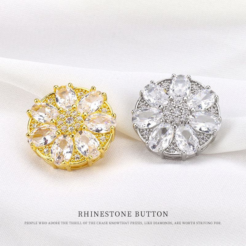 Two zircon flower buttons for suits: gold and silver metal, 7-leaf clear stone petals