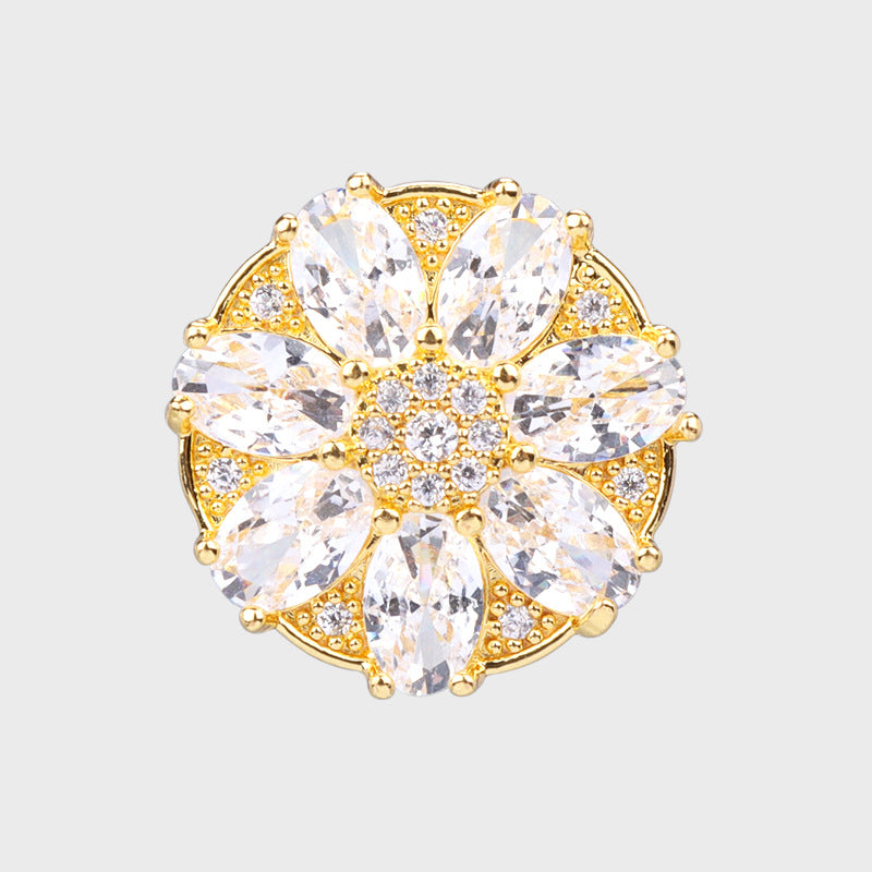 Gold-tone 17mm zircon flower button, clear stones and sparkling center, 7-leaf petals