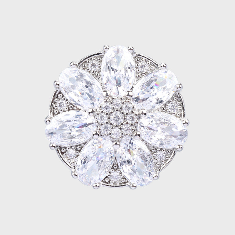 Silver-tone 17mm zircon flower button, clear stones around, detailed 7-leaf petal design