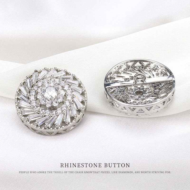 Set of 2 round rhinestone buttons, front view and silver-tone metal back