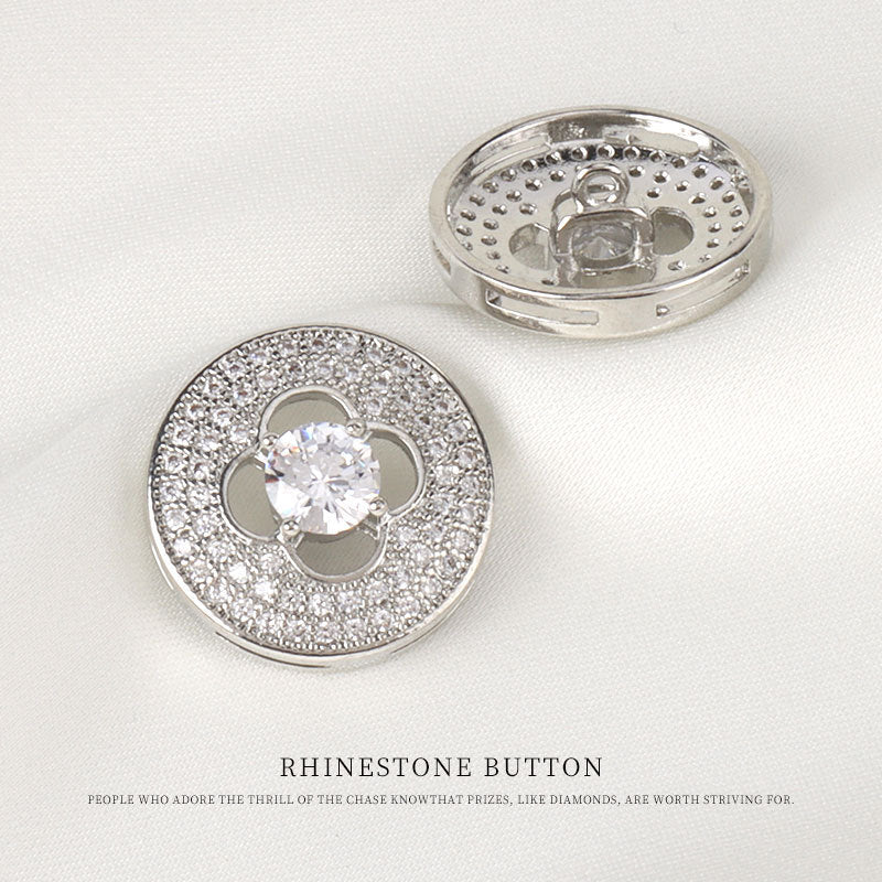 Rhinestone button set: back and front views, four-leaf clover motif with clear center