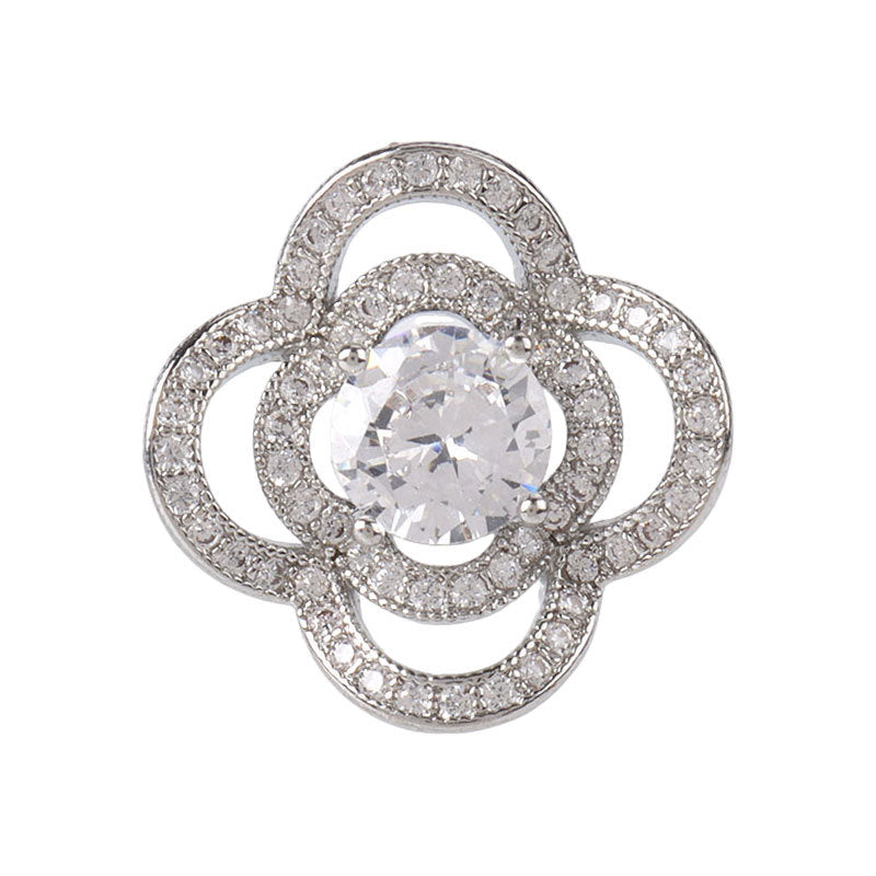 Rhinestone four-leaf clover metal shank button with clear center stone, silver-tone