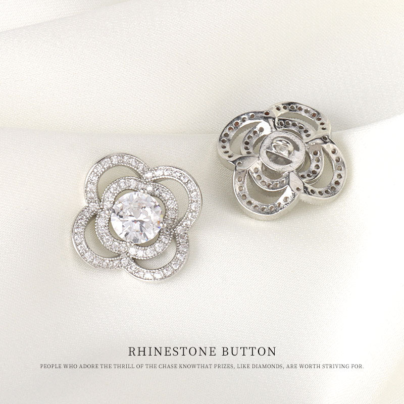 Two-piece set: front rhinestone clover button and metal shank back, silver-tone
