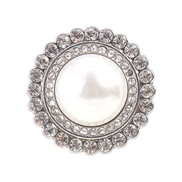 21.5mm silver sewing button with white pearl-look center and rhinestone border