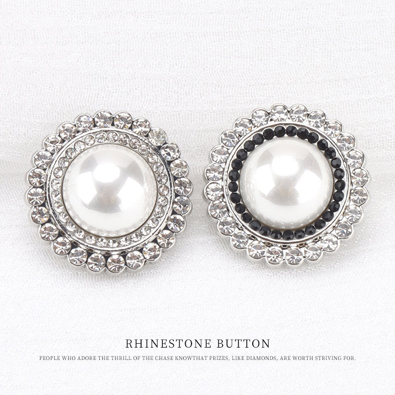 Set of 2 rhinestone sewing buttons: one white pearl center, one black bead ring
