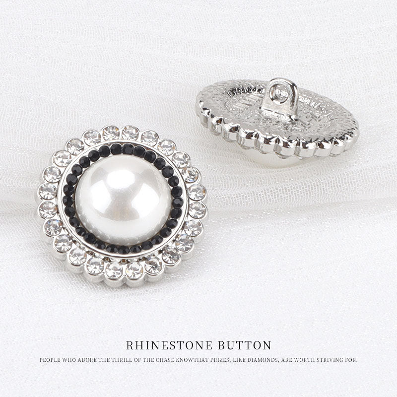 Rhinestone sewing button with pearl-look front and silver back with loop shank