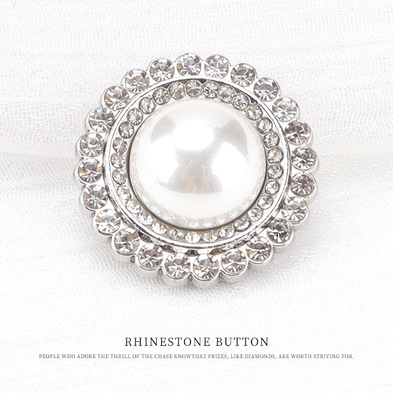 21.5mm rhinestone sewing button, silver frame, white pearl-look center