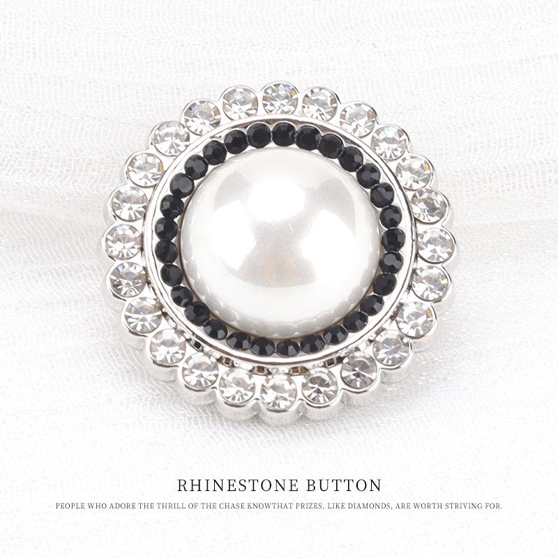 21.5mm silver sewing button with white pearl-look center and black bead ring