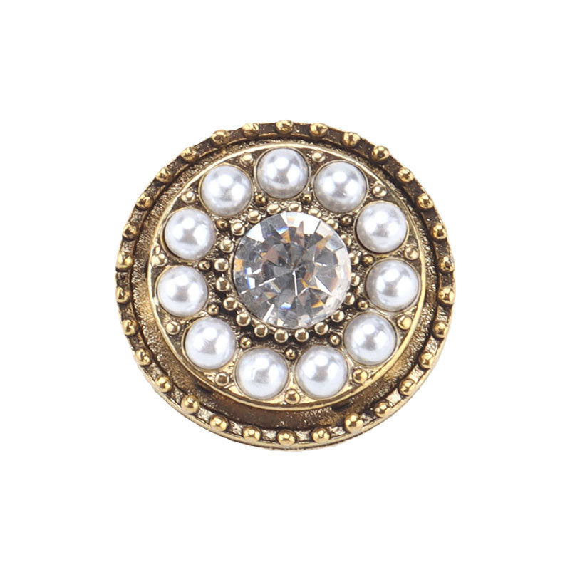 Round vintage gold button with faux pearls and clear rhinestone center