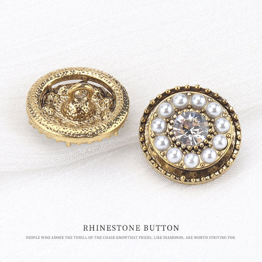 20mm Round Vintage Antique Gold Pearl Rhinestone Metal Shank Button 6pcs