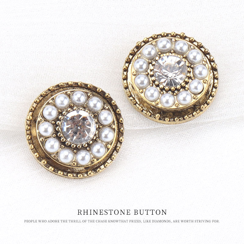 Two round antique gold buttons with faux pearls and clear rhinestone centers