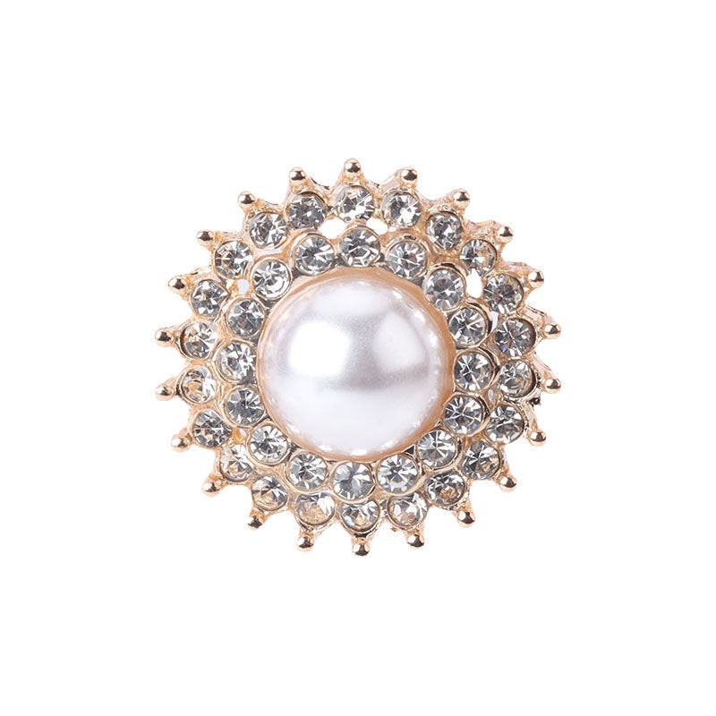 Gold gear-shaped pearl rhinestone metal button, 22mm round center with sparkly crystals